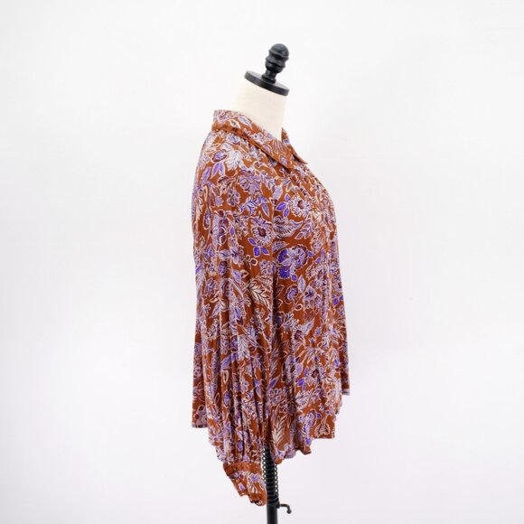 Democracy Collared Button Front Brown Blue Floral Lace Lined Shirt 1X Top Rayon - Picture 7 of 9